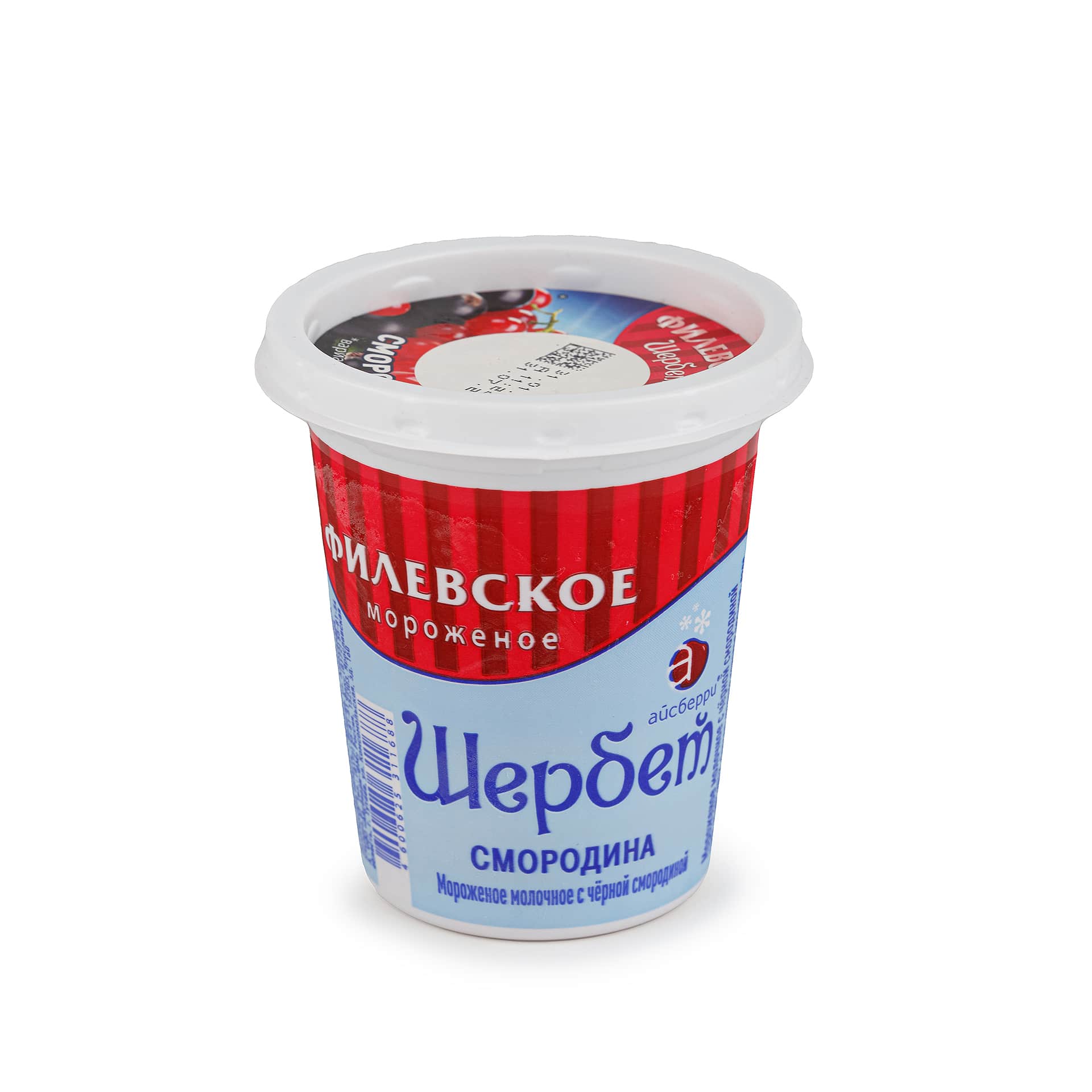 Мороженое молочное с черной смородиной щербет пластиковый стакан Филевское 80 г 34LED, общий вид, купить оптом с доставкой по москве и московской области, недорого, низкая цена