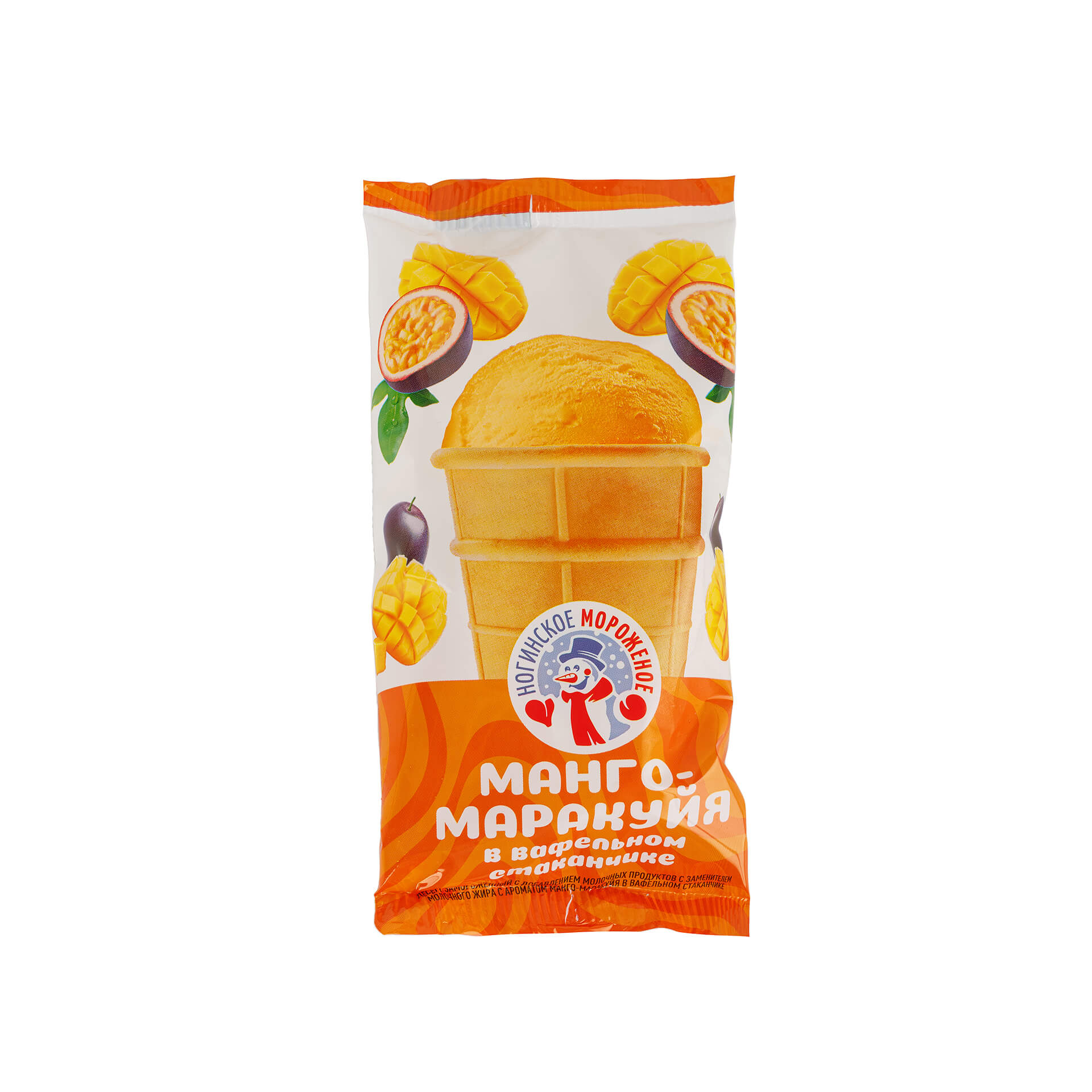 Мороженое молочный десерт с ароматом манго-маракуйя вафельный стаканчик Ногинское мороженое 70 г 8495LED, общий вид, купить оптом с доставкой по москве и московской области, недорого, низкая цена