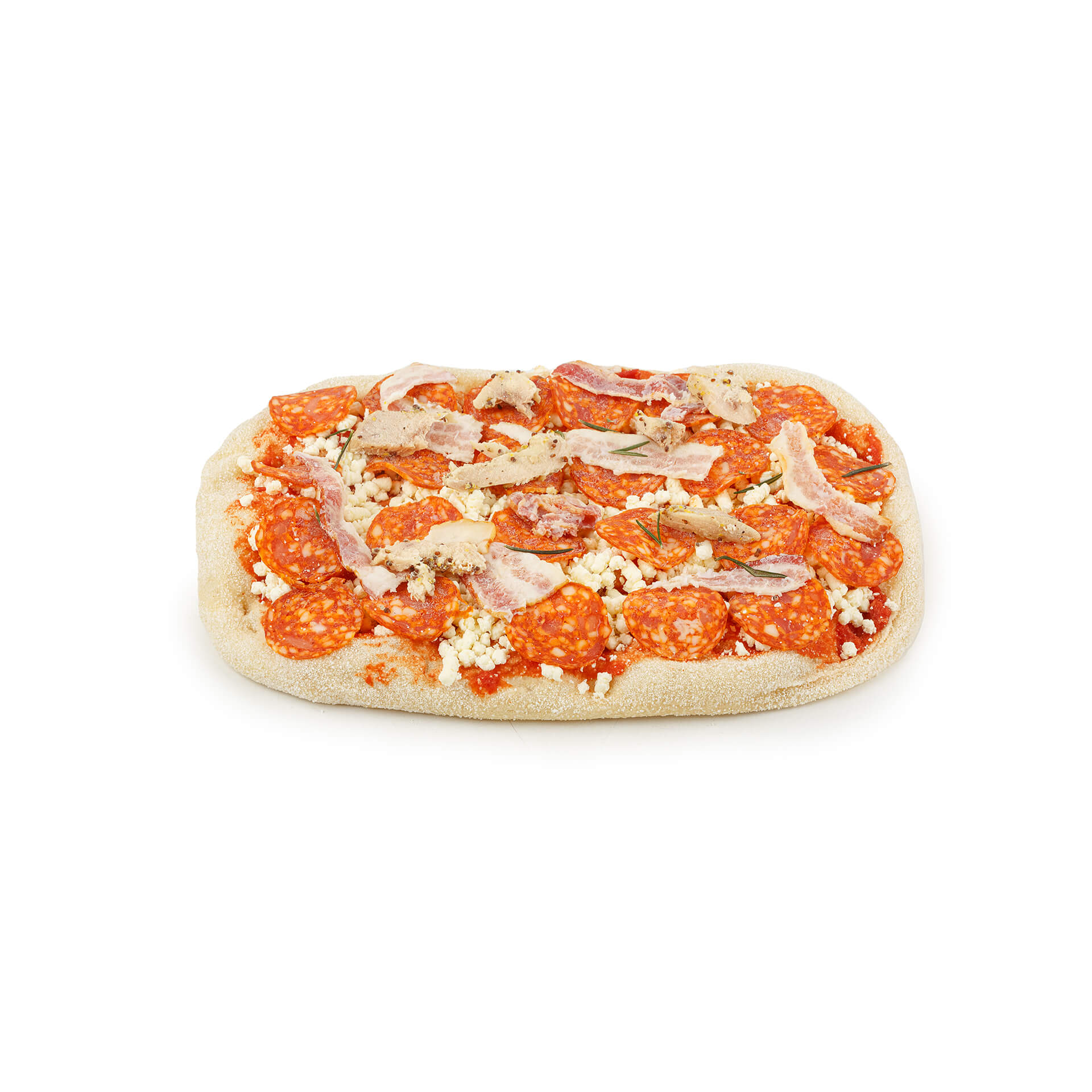Пицца "Мясная" с чоризо, беконом и курицей полуфабрикат замороженный Maestrello 445 г 8705LED, общий вид, купить оптом с доставкой по москве и московской области, недорого, низкая цена