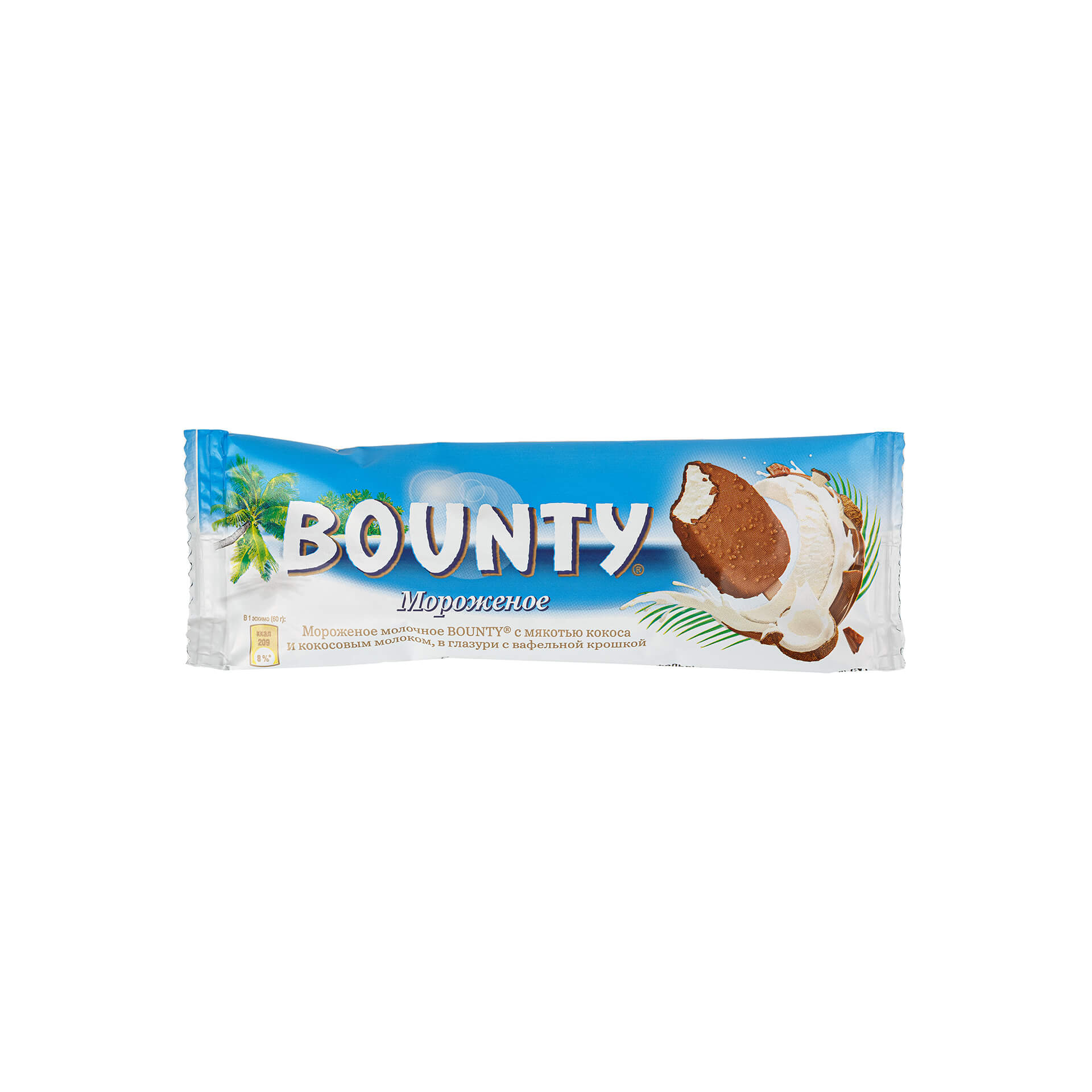 Мороженое молочное с кокосом в глазури с вафельной крошкой Баунти эскимо Bounty 60 г 9114LED, общий вид, купить оптом с доставкой по москве и московской области, недорого, низкая цена